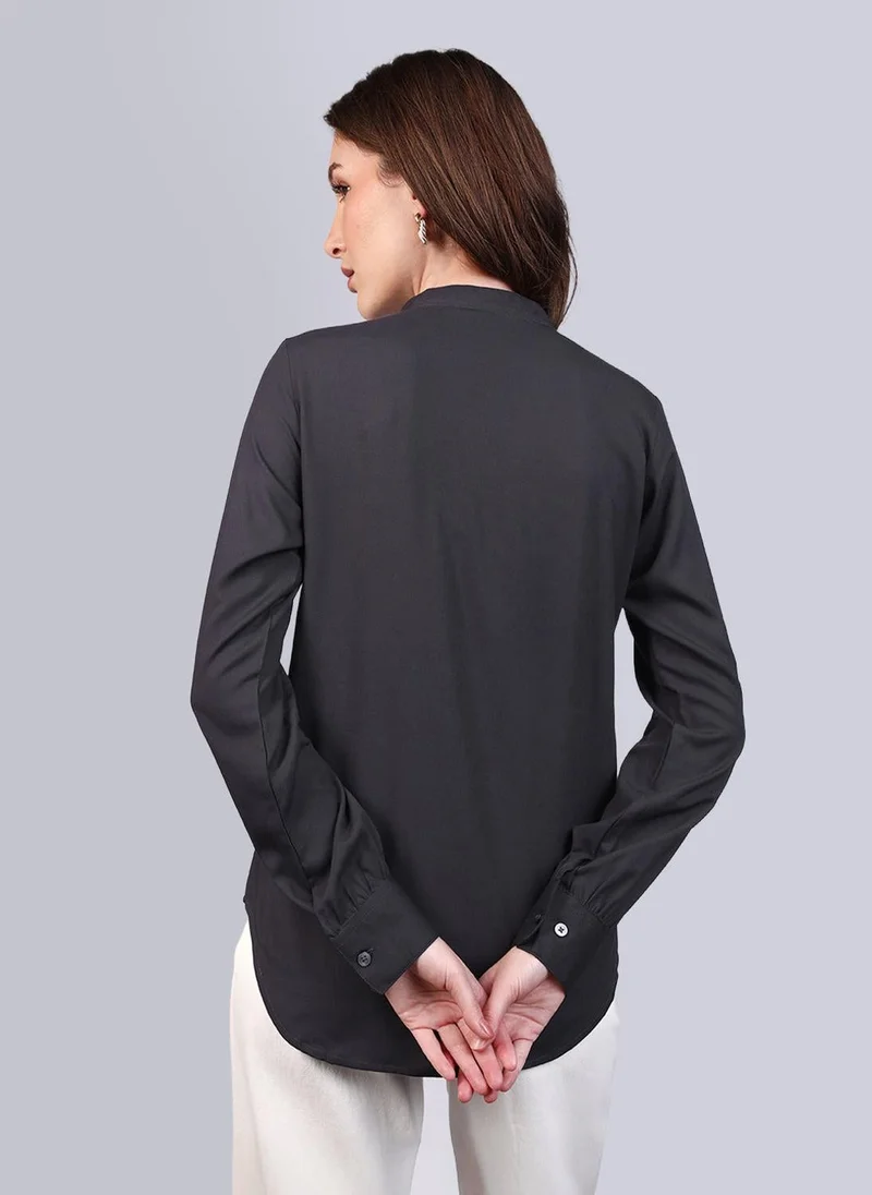 Urbano Fashion  Urbano Fashion Women's Dark Grey Modal Viscose Full Sleeve Regular Fit Casual Solid Shirt with Mandarin Collar for Women | Best Price UAE