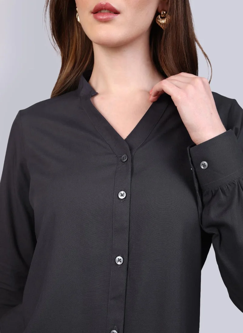 Urbano Fashion  Urbano Fashion Women's Dark Grey Modal Viscose Full Sleeve Regular Fit Casual Solid Shirt with Mandarin Collar for Women | Best Price UAE