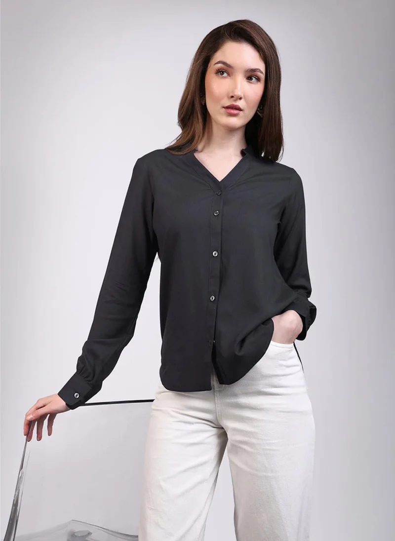 Urbano Fashion  Urbano Fashion Women's Dark Grey Modal Viscose Full Sleeve Regular Fit Casual Solid Shirt with Mandarin Collar for Women | Best Price UAE