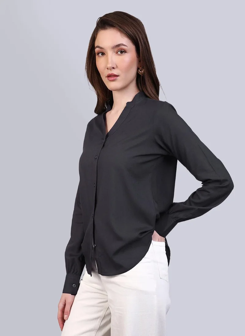 Urbano Fashion Women's Dark Grey Modal Viscose Full Sleeve Regular Fit Casual Solid Shirt with Mandarin Collar