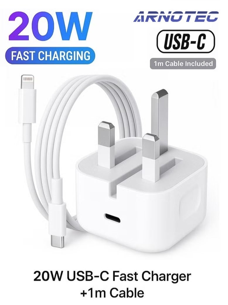 ARNOTEC شاحن سريع 20 واط USB C مع كابل USB C إلى Lightning، معتمد من MFi، كتلة شاحن آيفون لجهاز آيفون 14/14 برو/14 برو ماكس/13/12/11/XR/XS/X/SE، آيباد، آيربودز - Image 1