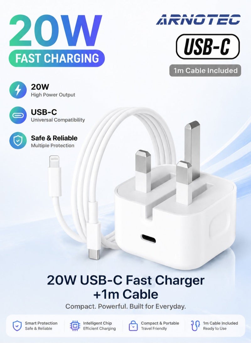 ARNOTEC 20W USB C Fast Charger with USB C to Lightning Cable, MFi Certified, iPhone Charger Block for iPhone 14/14 Pro/14 Pro Max/13/12/11/XR/XS/X/SE, iPad, AirPods - Image 1