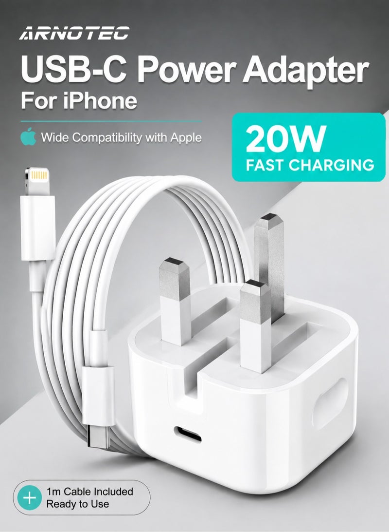 ARNOTEC شاحن سريع 20 واط USB C مع كابل USB C إلى Lightning، معتمد من MFi، كتلة شاحن آيفون لجهاز آيفون 14/14 برو/14 برو ماكس/13/12/11/XR/XS/X/SE، آيباد، آيربودز - Image 1