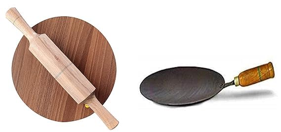 VOMI chakla belan Tawa Handmade Loha Iron Lokhand RotiChapati Tawa Wooden 12 inch belan Pack of 3 - Image 1