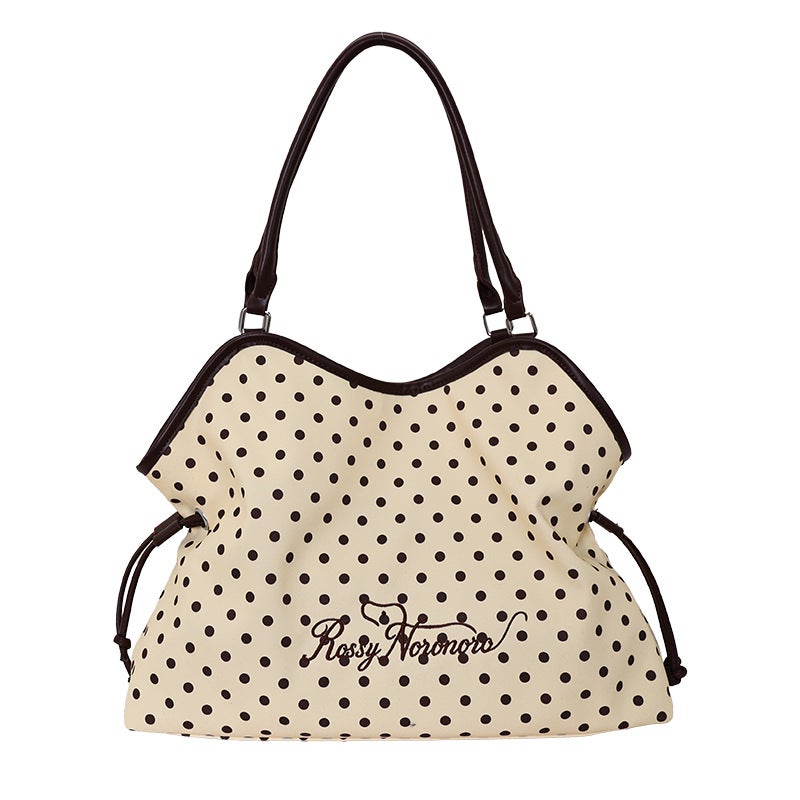 Women's Canvas Shoulder Bag with Polka Dot Color-Block and Bow - Image 5