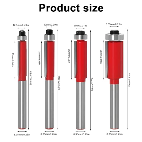 Serplex® 4Pcs Bearing Flush Trim Bit Set 1/4 Inch Shank Top Bearing Hard Alloy Cutter Professional Woodworking Edge Trimming Milling Embedding Tool Kit for Craftsmen DIY Projects Templates Joints - Image 3