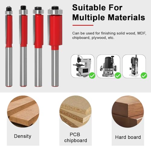 Serplex® 4Pcs Bearing Flush Trim Bit Set 1/4 Inch Shank Top Bearing Hard Alloy Cutter Professional Woodworking Edge Trimming Milling Embedding Tool Kit for Craftsmen DIY Projects Templates Joints - Image 2