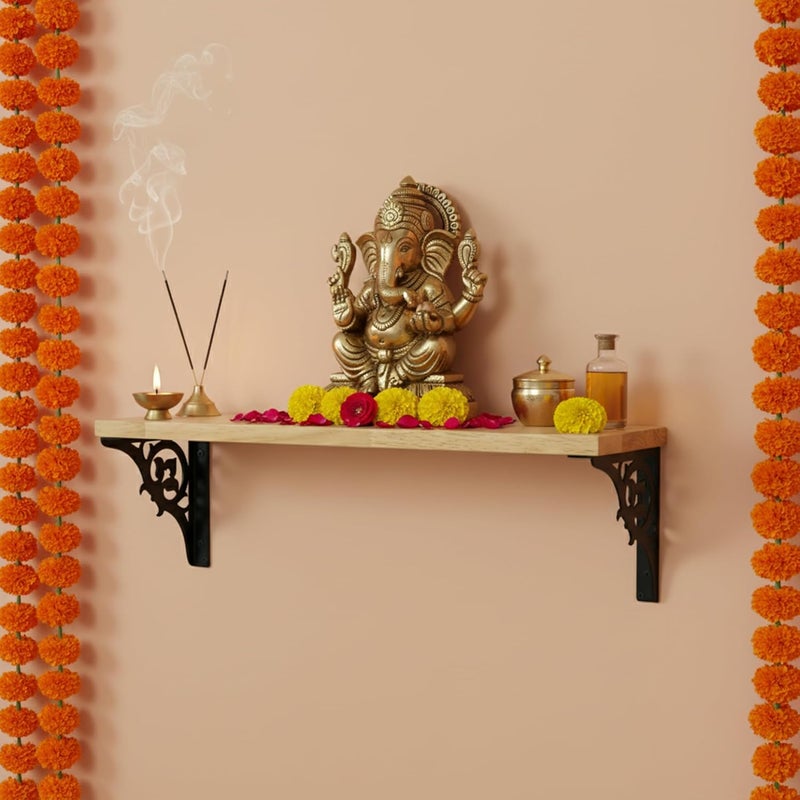 Spillbox معبد بويا المنزلي الخشبي | رف معدني أبيض | قابل للتعليق على الحائط | تجميع سهل بالبراغي | معبد منزلي لغرفة البوجا | حامل بويا | معبد - زهور فردية (أسود صغير) - Image 1