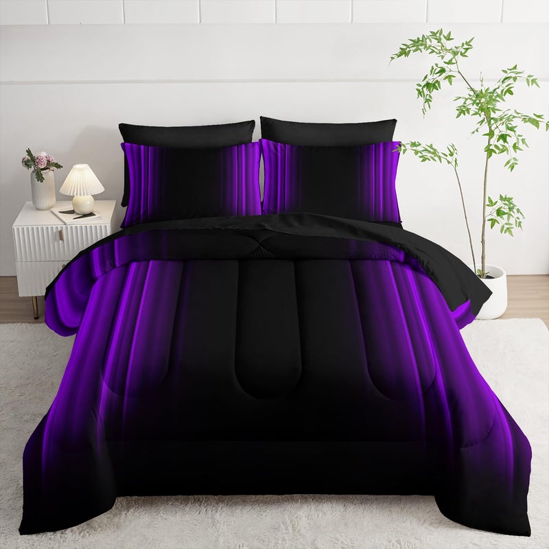 Nttopship Purple and Black Bedding Set King Size Abstract Ombre Comforter Set Bedding Set 7 Piece in A Bag,Dark Quilt Set Mordern Art Decor All Seasons with Pillowcases,Flat, Fitted Sheet - Image 1