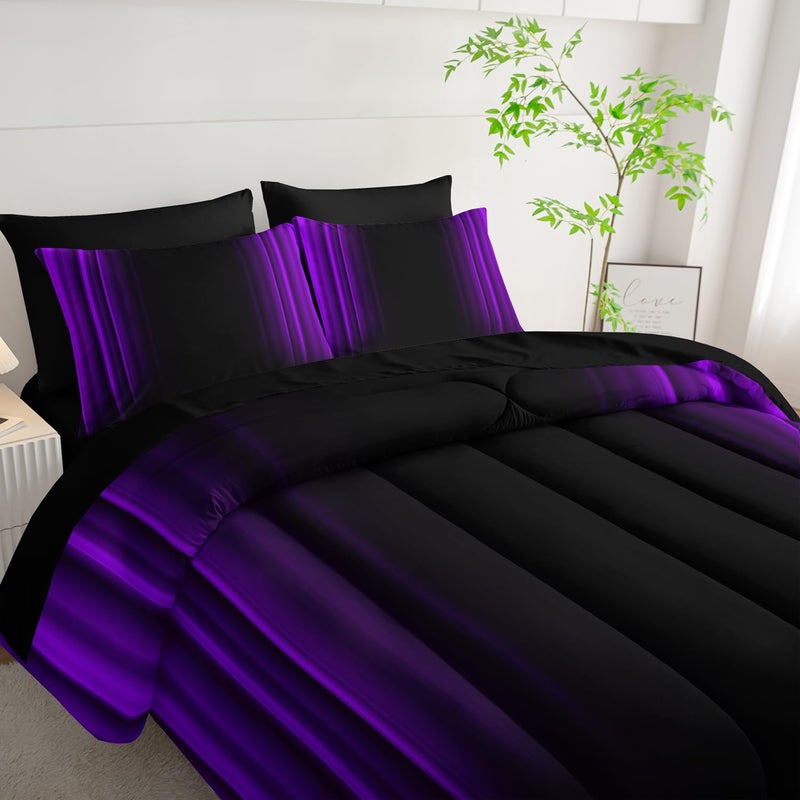 Nttopship Purple and Black Bedding Set King Size Abstract Ombre Comforter Set Bedding Set 7 Piece in A Bag,Dark Quilt Set Mordern Art Decor All Seasons with Pillowcases,Flat, Fitted Sheet - Image 4