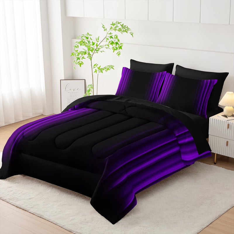 Nttopship Purple and Black Bedding Set King Size Abstract Ombre Comforter Set Bedding Set 7 Piece in A Bag,Dark Quilt Set Mordern Art Decor All Seasons with Pillowcases,Flat, Fitted Sheet - Image 2