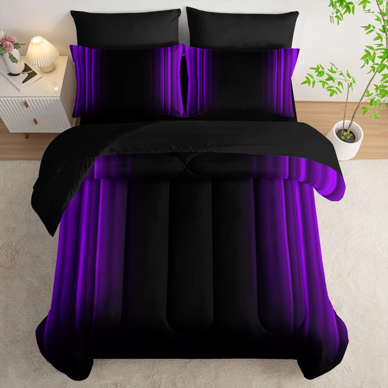 Nttopship Purple and Black Bedding Set King Size Abstract Ombre Comforter Set Bedding Set 7 Piece in A Bag,Dark Quilt Set Mordern Art Decor All Seasons with Pillowcases,Flat, Fitted Sheet - Image 3
