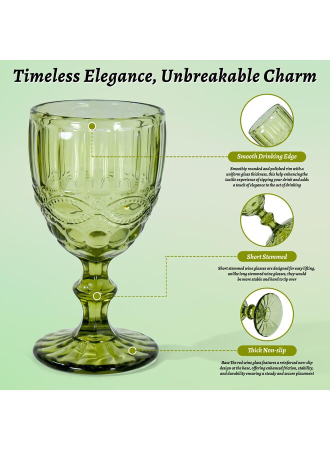 مجموعة من 6 أكواب نبيذ عتيقة، 12 أونصة من الزجاج الأخضر، أكواب مياه، مجموعة أكواب زجاجية كريستالية مزخرفة بنقوش زهرية، آمنة للاستخدام في غسالة الأطباق، لحفلات الزفاف والحفلات والحانات والمطاعم - Image 2