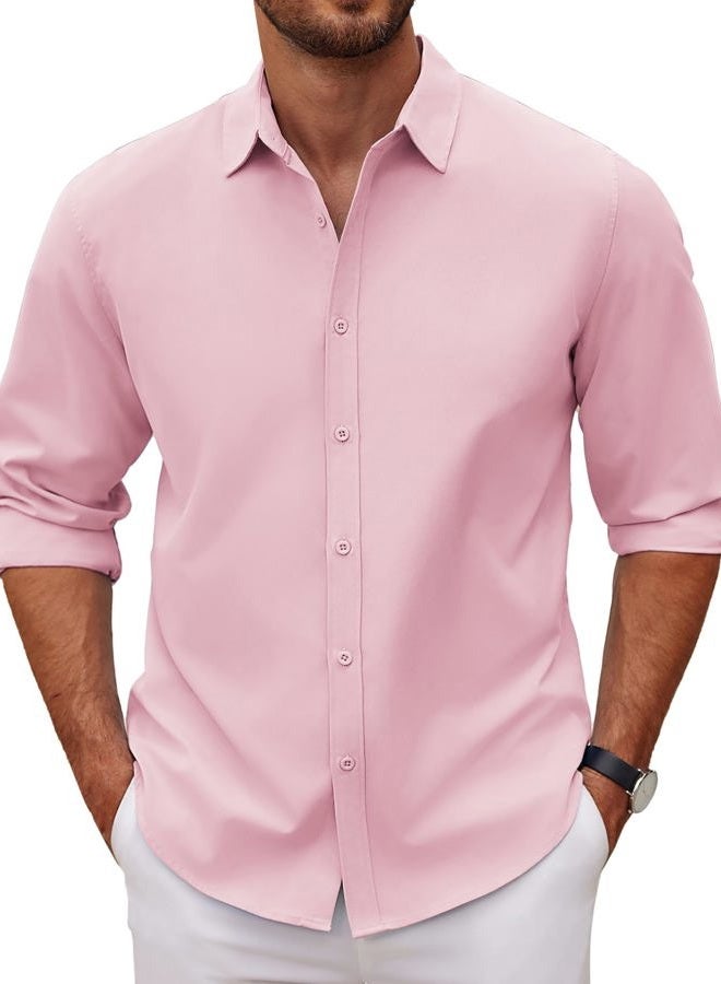 COOFANDY Mens Casual Long Sleeve Button Up Shirt Slim Fit Dress Shirts Summer Lightweight Camp Collar Shirt Pink L - Image 1