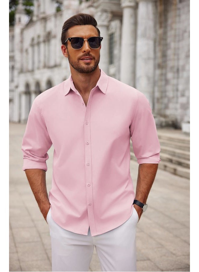 COOFANDY Mens Casual Long Sleeve Button Up Shirt Slim Fit Dress Shirts Summer Lightweight Camp Collar Shirt Pink L - Image 3