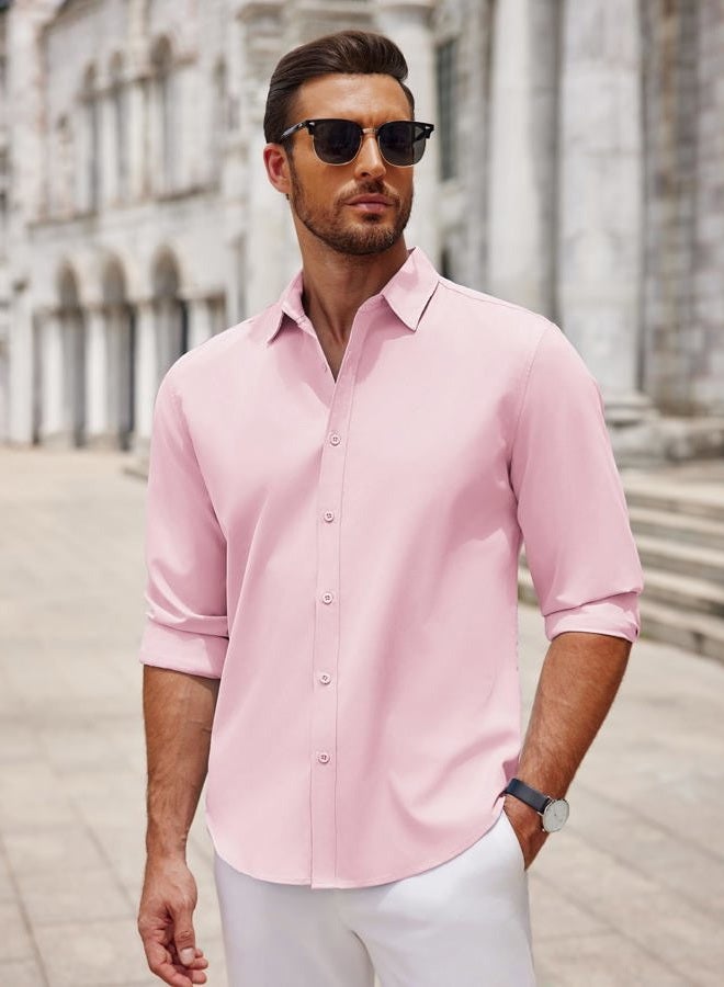 COOFANDY Mens Casual Long Sleeve Button Up Shirt Slim Fit Dress Shirts Summer Lightweight Camp Collar Shirt Pink L - Image 2