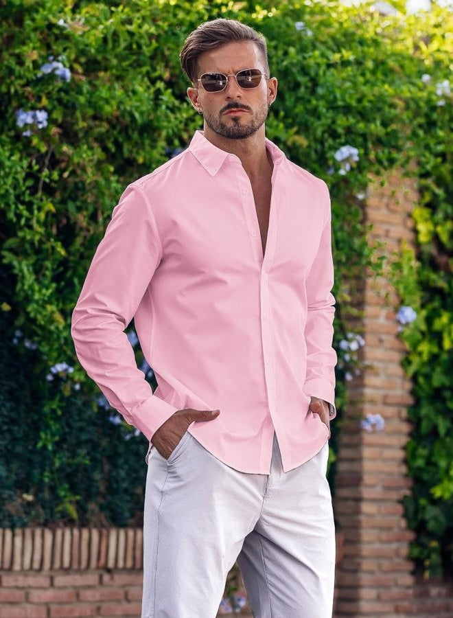 COOFANDY Mens Casual Long Sleeve Button Up Shirt Slim Fit Dress Shirts Summer Lightweight Camp Collar Shirt Pink L - Image 4