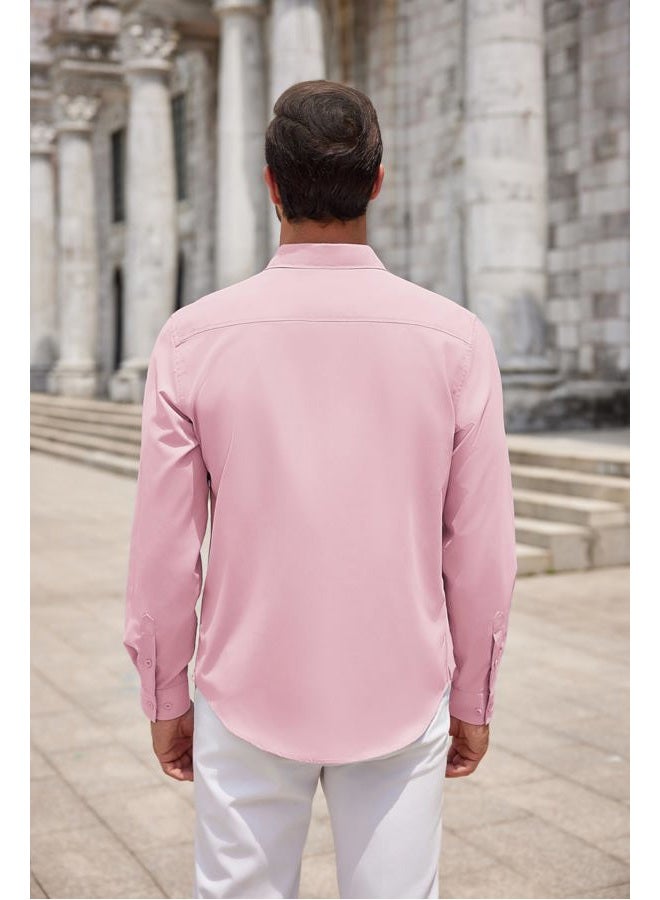 COOFANDY Mens Casual Long Sleeve Button Up Shirt Slim Fit Dress Shirts Summer Lightweight Camp Collar Shirt Pink L - Image 5