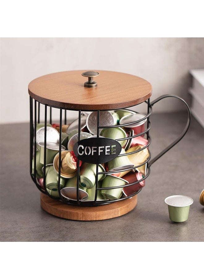 HOMESTAR Rustic Coffee Pod Holder - Large Capacity Black Wire K Cup Storage with Natural Wooden Lid, Round Coffee Basket Organizer for Kitchen Countertop, for K-Cups, Nespresso & Espresso Capsules - Image 1