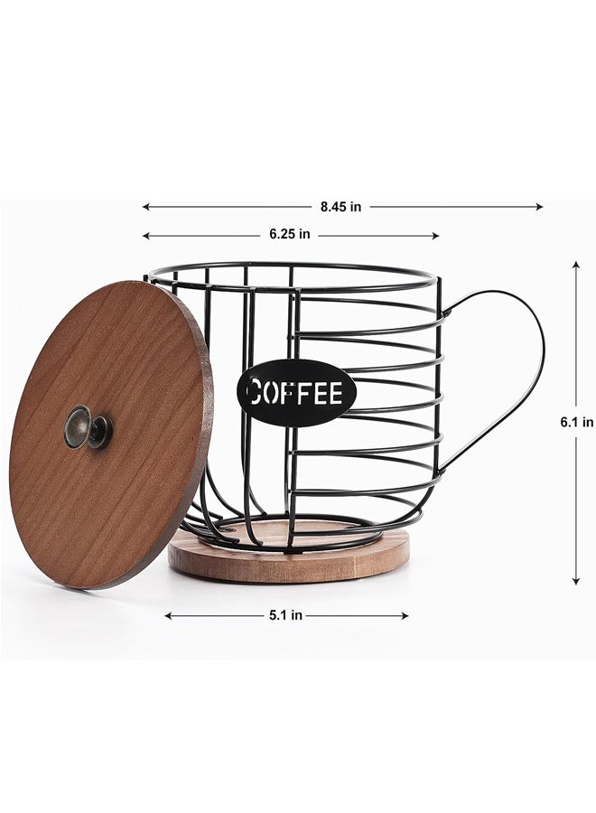 HOMESTAR Rustic Coffee Pod Holder - Large Capacity Black Wire K Cup Storage with Natural Wooden Lid, Round Coffee Basket Organizer for Kitchen Countertop, for K-Cups, Nespresso & Espresso Capsules - Image 5