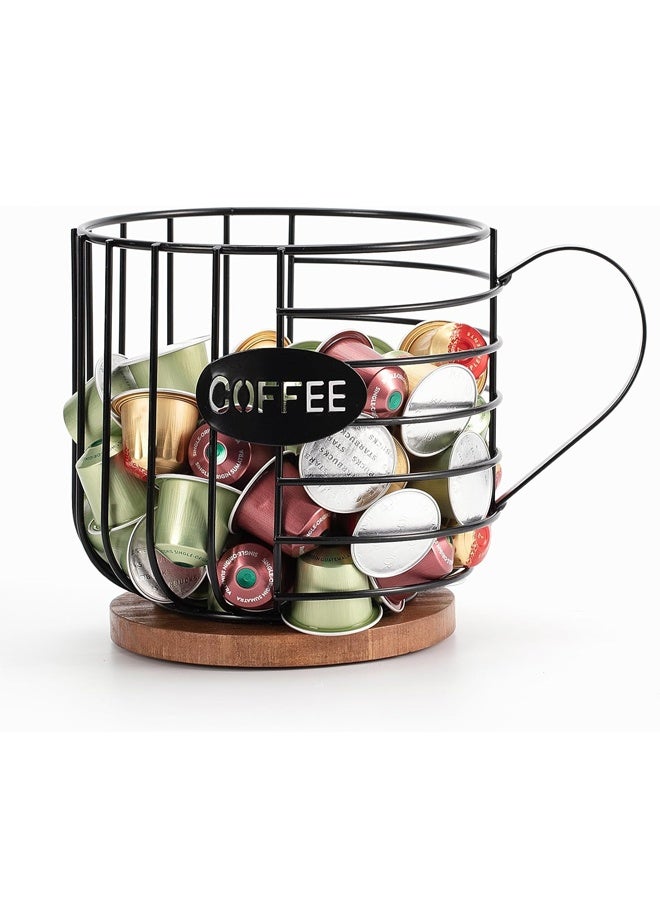 HOMESTAR Rustic Coffee Pod Holder - Large Capacity Black Wire K Cup Storage with Natural Wooden Lid, Round Coffee Basket Organizer for Kitchen Countertop, for K-Cups, Nespresso & Espresso Capsules - Image 3