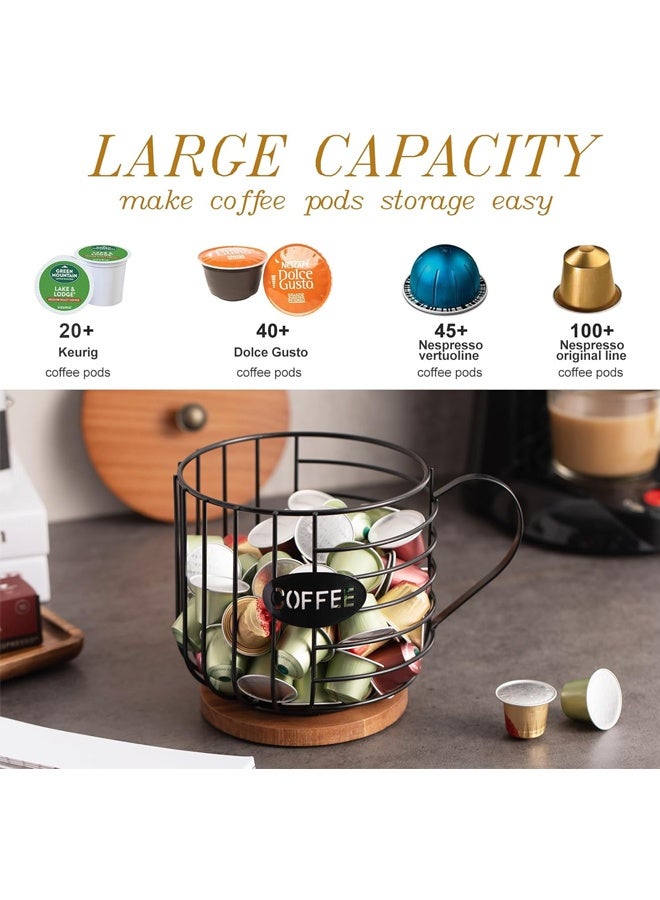 HOMESTAR Rustic Coffee Pod Holder - Large Capacity Black Wire K Cup Storage with Natural Wooden Lid, Round Coffee Basket Organizer for Kitchen Countertop, for K-Cups, Nespresso & Espresso Capsules - Image 2
