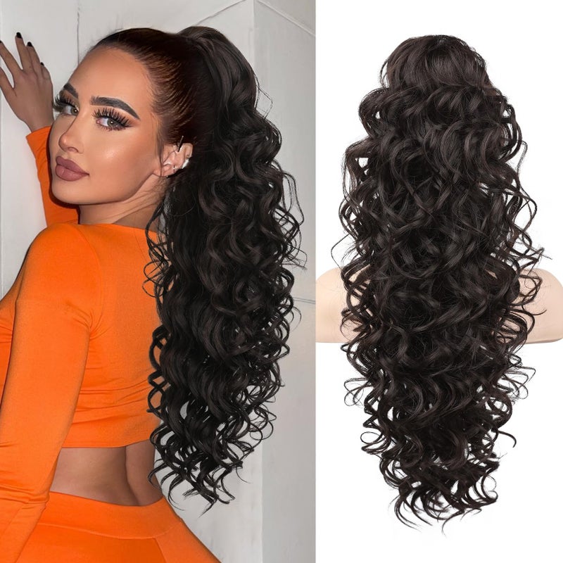 SEIKEA Ponytail Extension, 24" Fluffy Long Wavy Curly Claw Clip Hair Extensions Ponytail Multi-layered Clip in Fake Pony Tails Natural Soft Synthetic Hairpiece Black Brown - Image 1