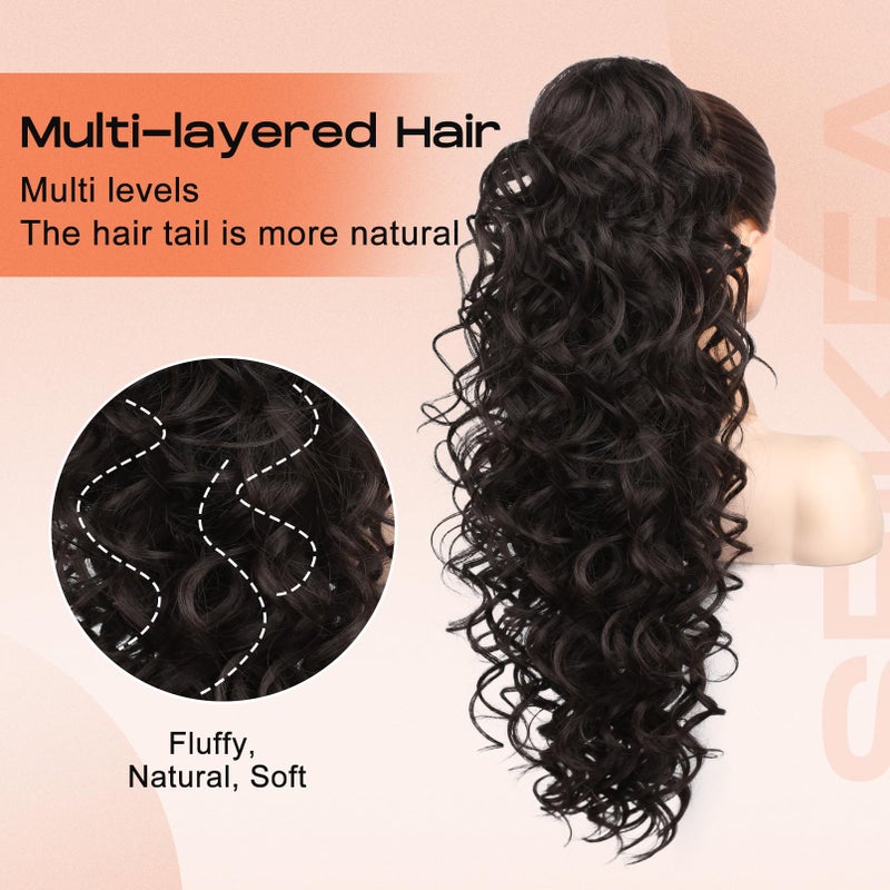 SEIKEA Ponytail Extension, 24" Fluffy Long Wavy Curly Claw Clip Hair Extensions Ponytail Multi-layered Clip in Fake Pony Tails Natural Soft Synthetic Hairpiece Black Brown - Image 3