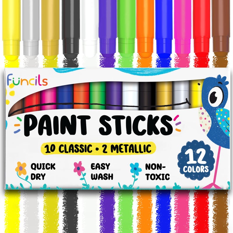 Funcils 12 Tempera Paint Sticks for Kids Toddlers Quick Dry NonToxic Washable Paint for Kids Art Craft Supplies Set Solid Painting Markers with Metallic Gold Silver Color Ages 1 2 3 4 5 6 - Image 2