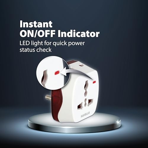 Havells 3 Pin Universal Heavy Duty Nickel Plated Brass Adaptor, Rated with 6A, 240 V AC, LED Indicator for Visibility of ON/Off Status, Flame Retardant and UV Stabilized for Safety Assurance (White) - Image 5