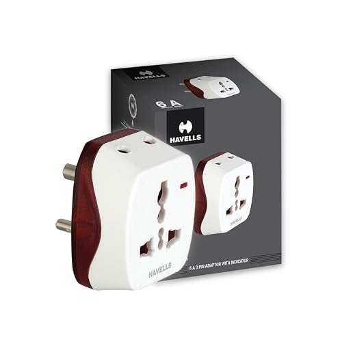 Havells 3 Pin Universal Heavy Duty Nickel Plated Brass Adaptor, Rated with 6A, 240 V AC, LED Indicator for Visibility of ON/Off Status, Flame Retardant and UV Stabilized for Safety Assurance (White) - Image 1