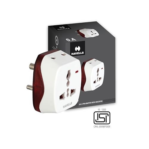 Havells 3 Pin Universal Heavy Duty Nickel Plated Brass Adaptor, Rated with 6A, 240 V AC, LED Indicator for Visibility of ON/Off Status, Flame Retardant and UV Stabilized for Safety Assurance (White) - Image 3