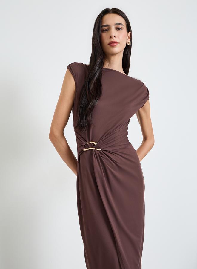 Styli Brown Metal Decor Detail Sheath Midi Dress - Image 2