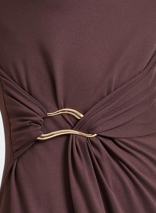 Styli Brown Metal Decor Detail Sheath Midi Dress - Image 3