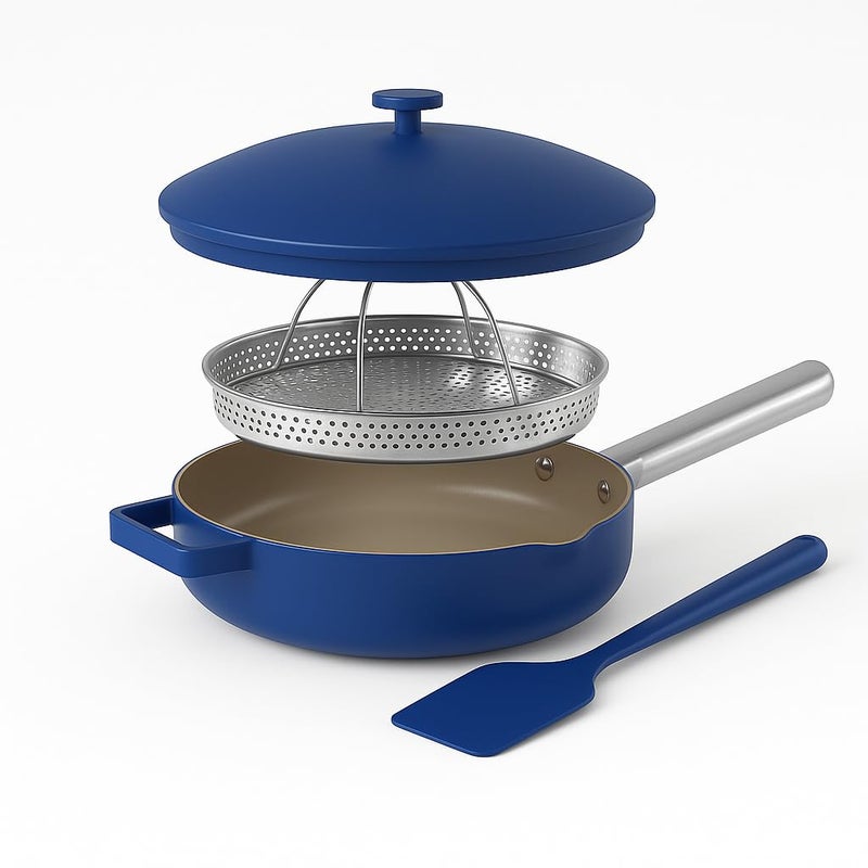 بان غير لاصق سيراميك نوتريكوك 105 مع غطاء وبخار وملعقة PTFE خالية من PFOA آمنة للفرن ومتوافقة مع الحث 10 في 1 أدوات طهي متعددة الوظائف للقلي والشواء والبخار والخبز