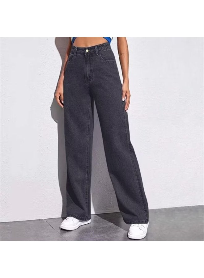 Korean Chic Autumn And Winter Niche Style High-waisted Buttoned Versatile Slimming Raw Edge Wide-leg Pants Straight-leg Jeans For Women