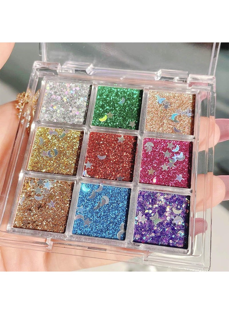 AMY'S DIARY AMY'S DIARY 9 Colors Pressed Glitter Eyeshadow Palette Glitter Silver Blue Purple Gold Eyeshadow Palette, Glitter Daily Party Sparkling Eye Face Makeup Cosmetics (D1) 