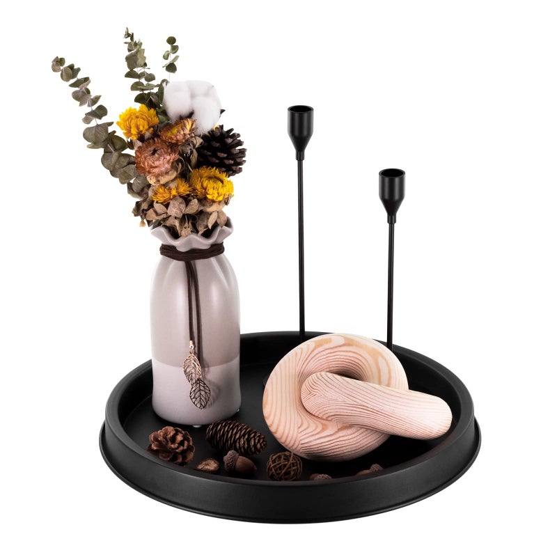 Lobolighting Black Round Coffee Table Serving Tray Black Round Decorative Seving Tray for Modern Farmhouse Home Decorations Outer Diameter 14