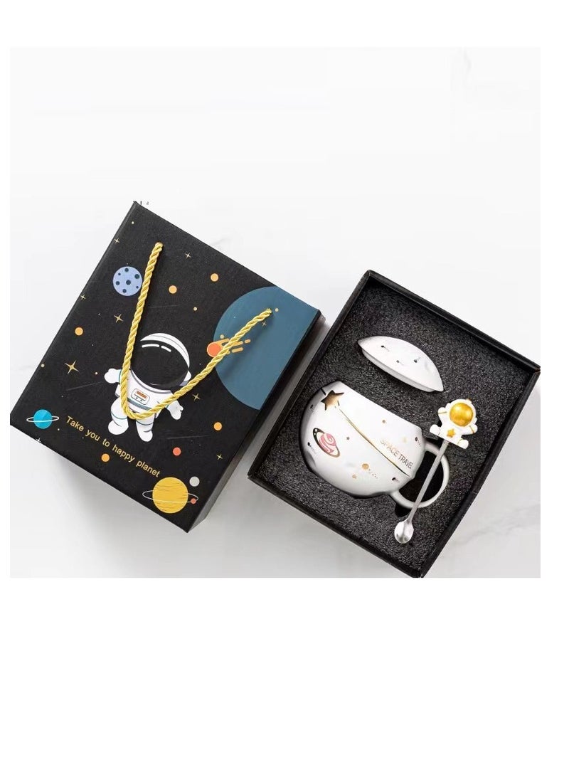 Bluejw Astronaut Cup Space Embossed Planet Mug 13.52oz Ceramic Coffee Mugs with Lid And Spoon Gift Box Cute Ceramic Coffee Mug Unique Gift Birthday For Girl Boy Women Men (White) - Image 1