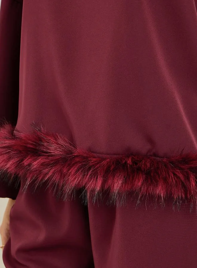 Styli  Burgundy Faux Feather Trim Blouse and Pants Co-ords for Women | Best Price UAE