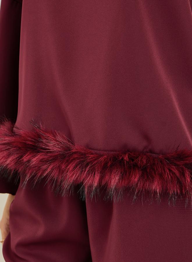 Styli Burgundy Faux Feather Trim Blouse and Pants Co-ords - Image 3