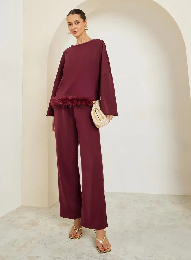 Styli Burgundy Faux Feather Trim Blouse and Pants Co-ords
