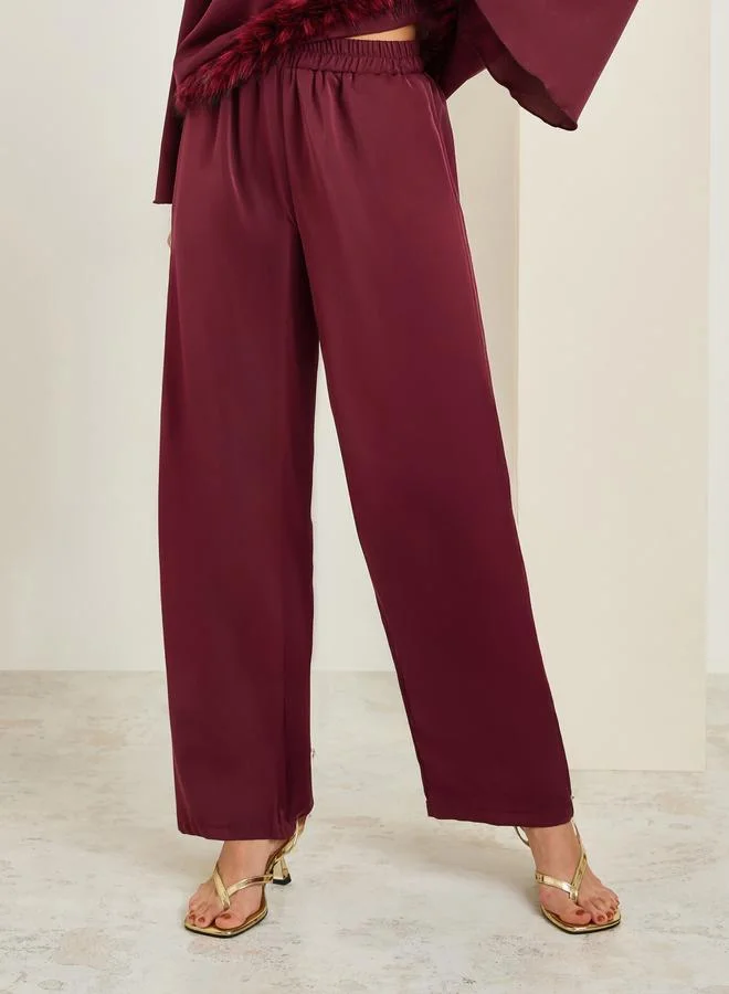 Styli  Burgundy Faux Feather Trim Blouse and Pants Co-ords for Women | Best Price UAE