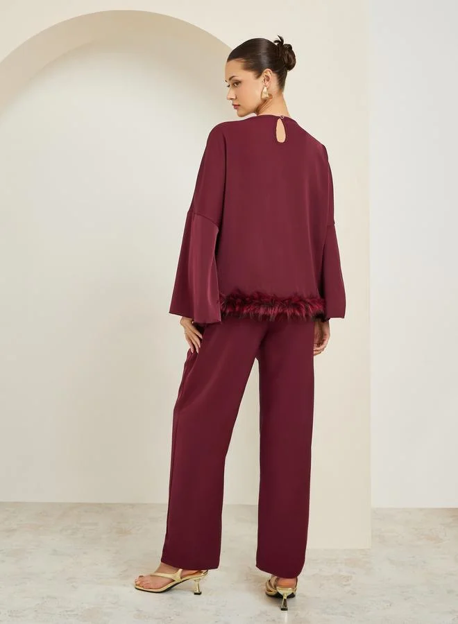 Styli  Burgundy Faux Feather Trim Blouse and Pants Co-ords for Women | Best Price UAE