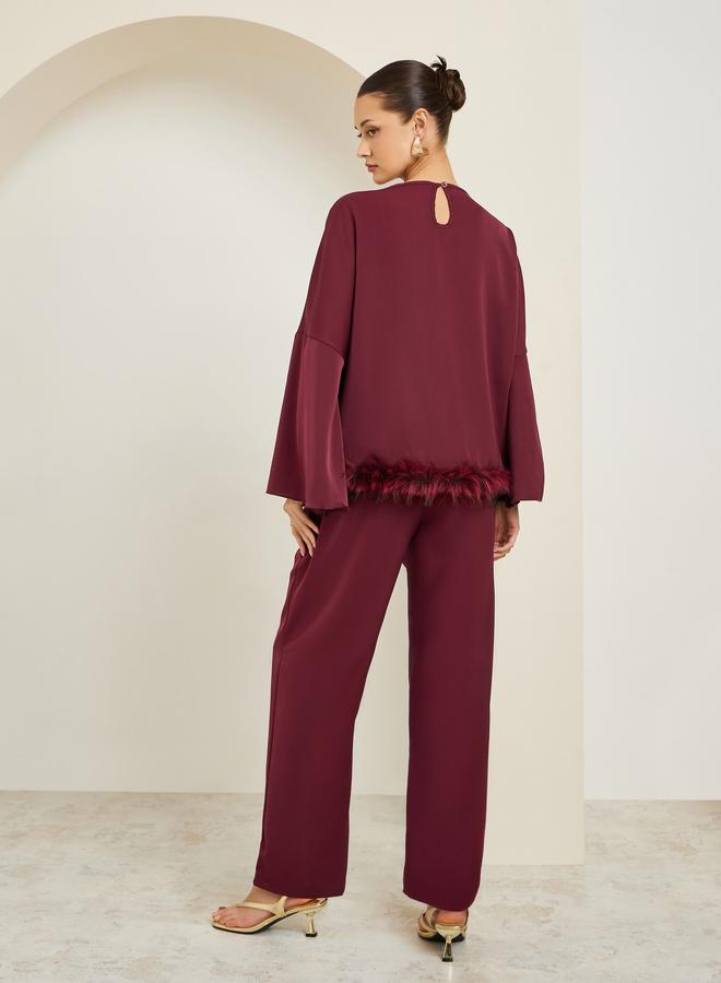 Styli Burgundy Faux Feather Trim Blouse and Pants Co-ords - Image 5