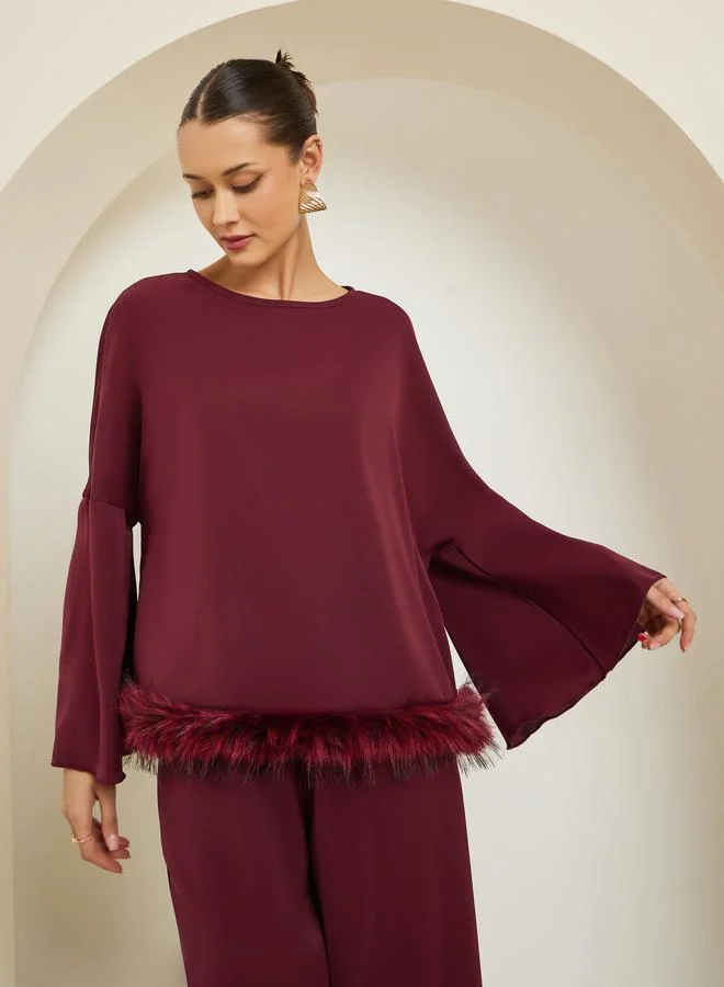 Styli Burgundy Faux Feather Trim Blouse and Pants Co-ords