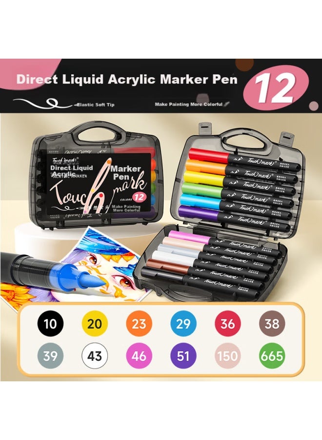 Touch Mark Acrylic Markers, 12 Colors, Small Black Box, Non-translucent, Stackable, Watercolor Pens, Washable Paintbrushes, Student Birthday And Back-to Gift - Image 5