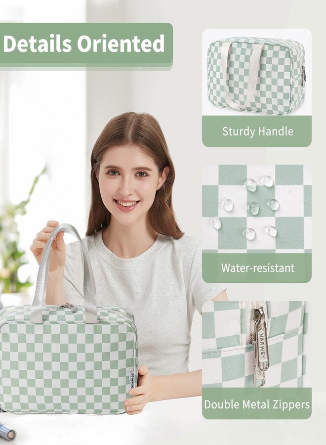Narwey Full Size Toiletry Bag Large Cosmetic Bag Travel Makeup Bag Organizer for Women and Girl, Y-Mint Green Checkerboard - Image 5
