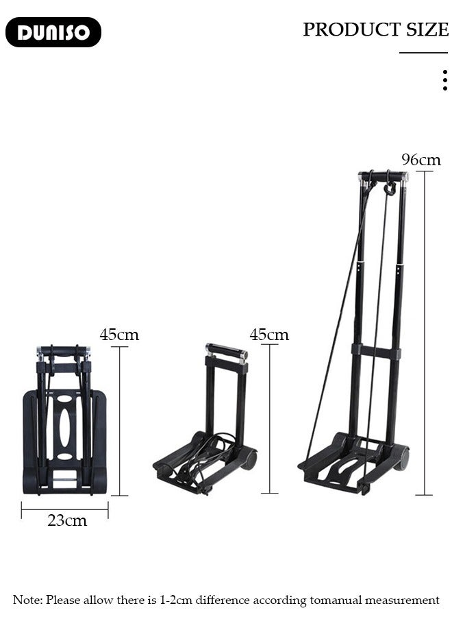 DUNISO Folding Hand Truck, Lightweight Luggage Cart with Extendable Handle, Utility Dolly Platform Cart with 2 Wheels and Elastic Ropes, Roller Shopping, Portable Trolley for Luggage, Travel, Moving, Shopping, Office Use - Image 4