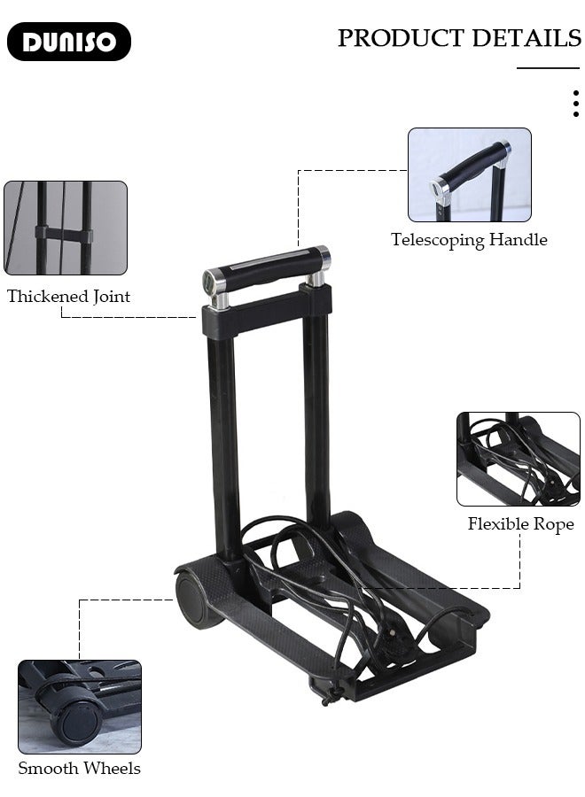 DUNISO Folding Hand Truck, Lightweight Luggage Cart with Extendable Handle, Utility Dolly Platform Cart with 2 Wheels and Elastic Ropes, Roller Shopping, Portable Trolley for Luggage, Travel, Moving, Shopping, Office Use - Image 2